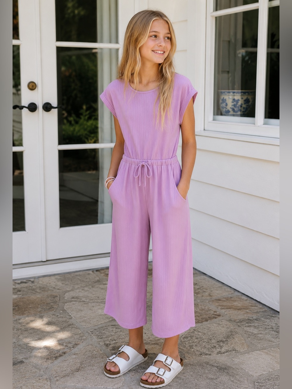 Rebel Sugar Girls Ribbed Wide Leg Jumpsuit Lavender Size 12 Side Cutout Pockets
